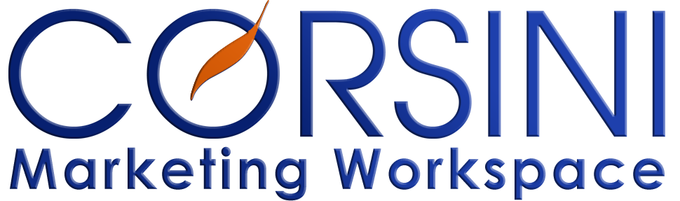 CORSINI Marketing Workspace logo featuring a blue brand mark centered above the company name