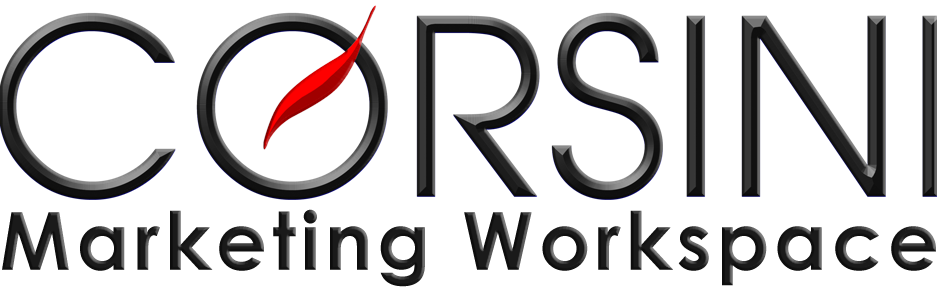CORSINI Marketing Workspace logo featuring a red compass needle inside a circular black outline, centered above the company name in bold black text on white background